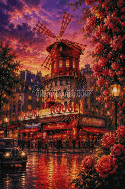 Rendu diamanté du Moulin Rouge illuminé le soir avec rue mouillée, voiture ancienne et roses rouges