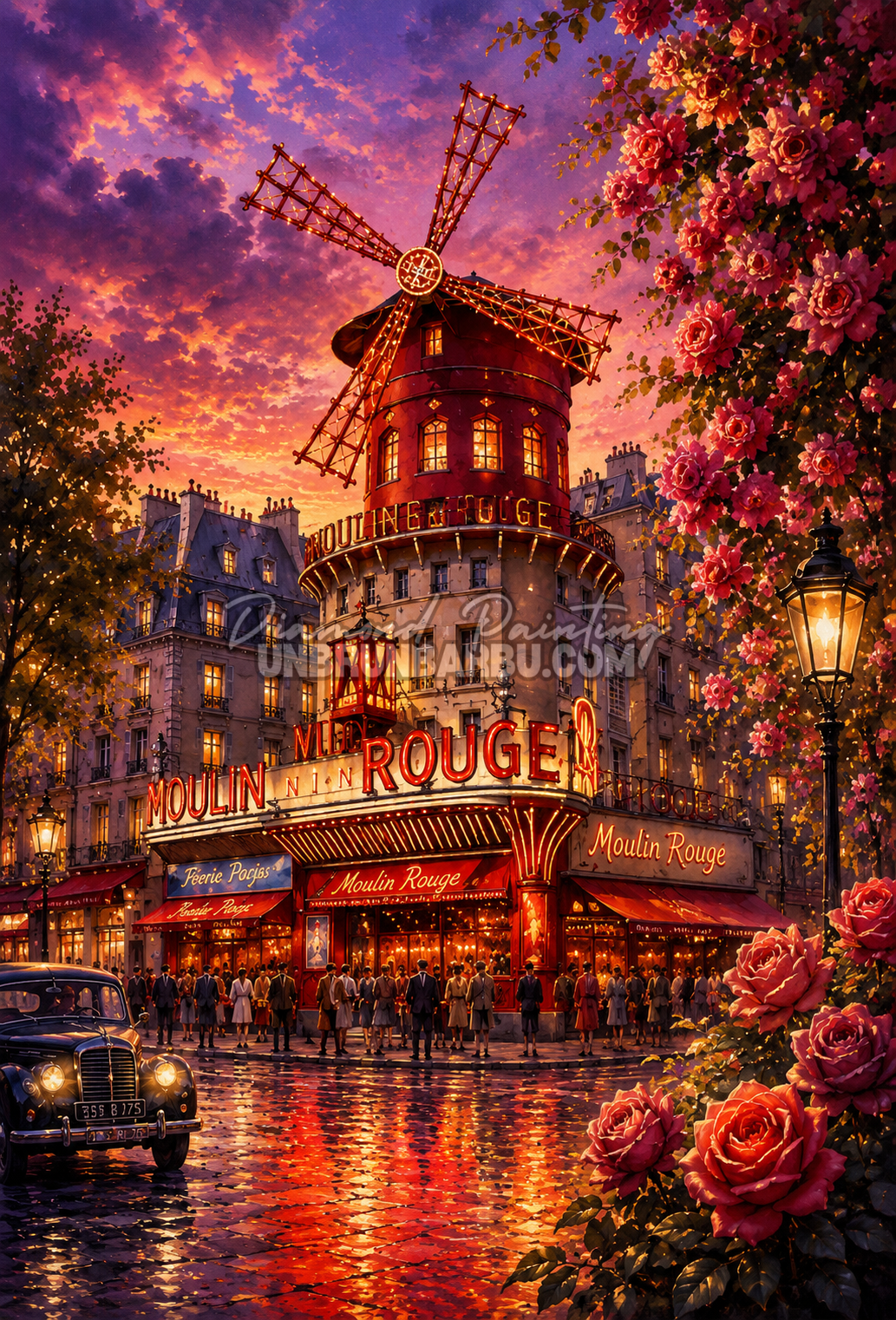 Diamond Painting Un Soir au Moulin Rouge 80x120 cm avec façade illuminée, roses rouges et ciel au coucher du soleil