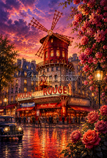 Diamond Painting Un Soir au Moulin Rouge 80x120 cm avec façade illuminée, roses rouges et ciel au coucher du soleil