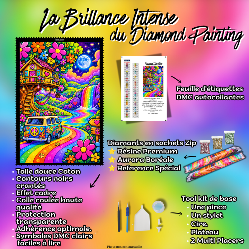 Kit Premium Diamond Painting Van Escapade Hippie avec toile coton, diamants, accessoires et feuille DMC