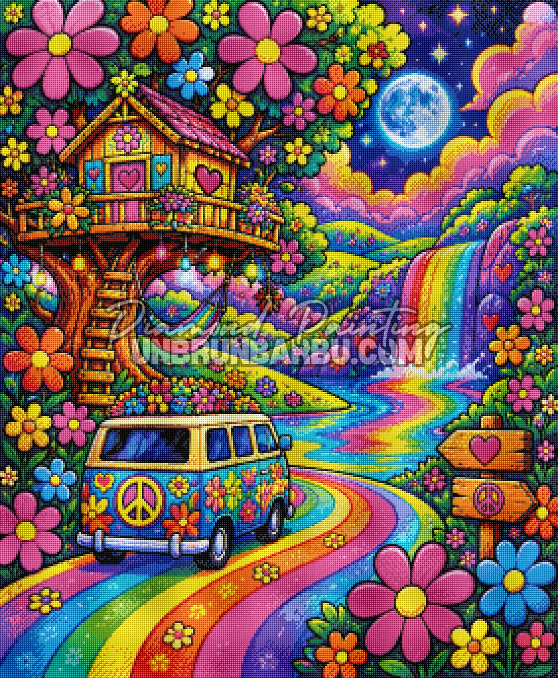 Layout Diamond Painting Van Escapade Hippie présentant le rendu complet des diamants sur la toile