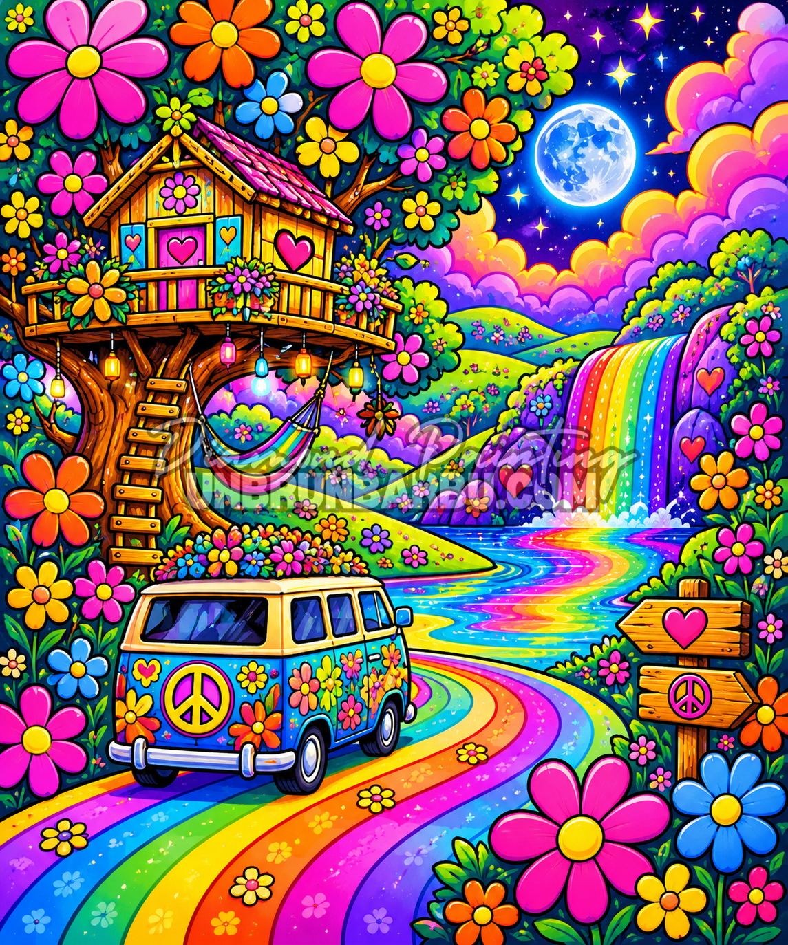 Diamond Painting Van Escapade Hippie 70x85 cm représentant un van vintage devant une cabane fleurie avec cascade arc-en-ciel