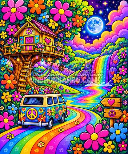 Diamond Painting Van Escapade Hippie 70x85 cm représentant un van vintage devant une cabane fleurie avec cascade arc-en-ciel