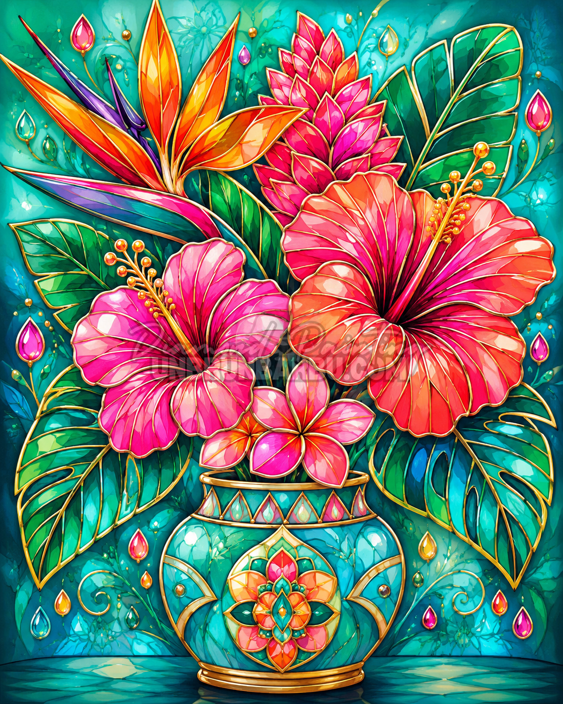 Diamond Painting Vase aux Fleurs Exotiques 60x75 cm avec hibiscus roses, feuillage tropical et vase turquoise