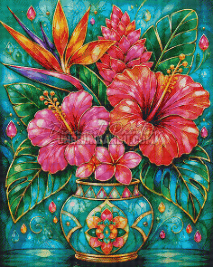 Rendu diamanté du Diamond Painting Vase aux Fleurs Exotiques 60x75 cm avec hibiscus et contours dorés