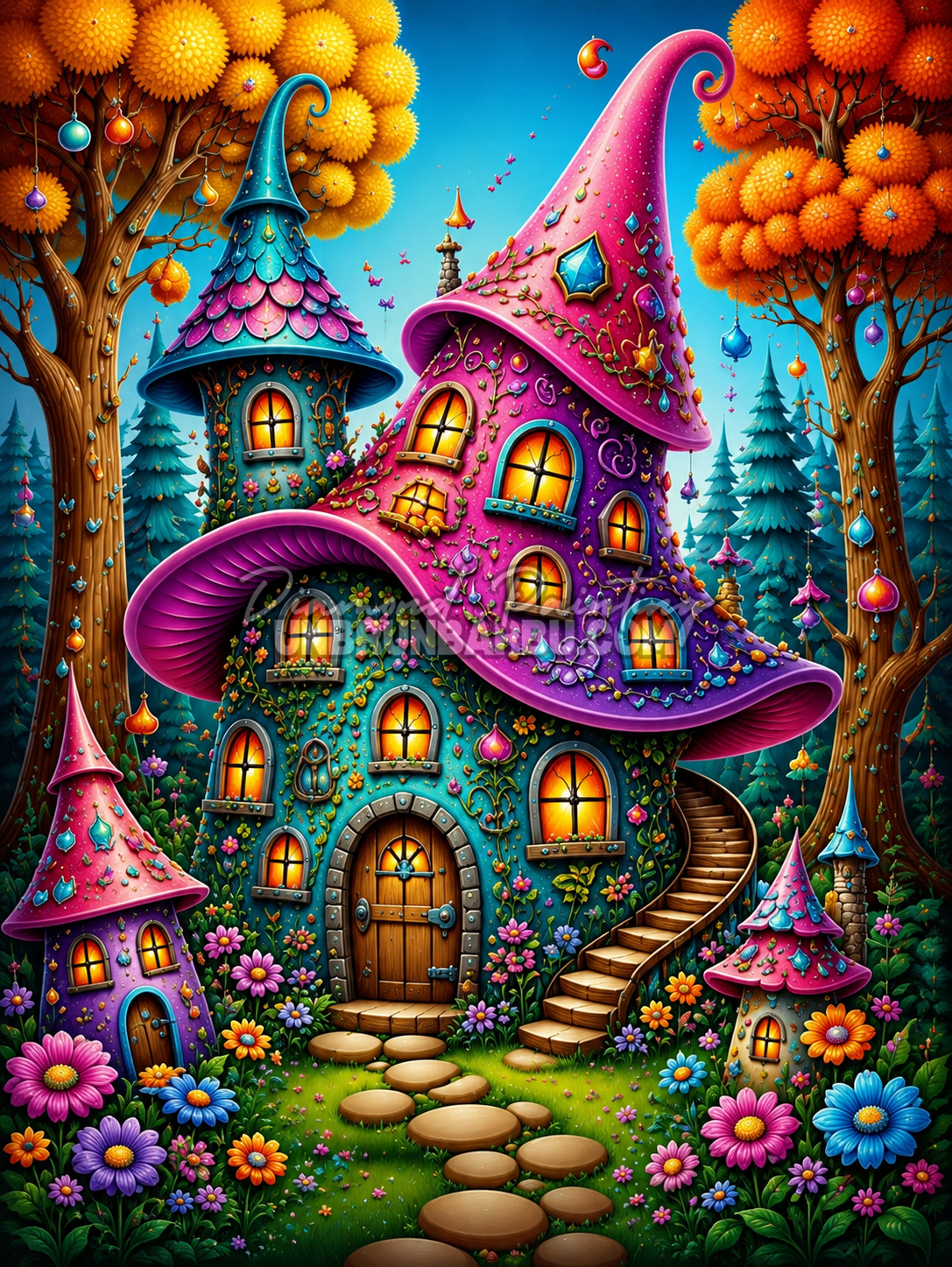 Diamond Painting Le Village des Lutins 60x80 cm avec maisons-chapeaux colorées dans une forêt fleurie