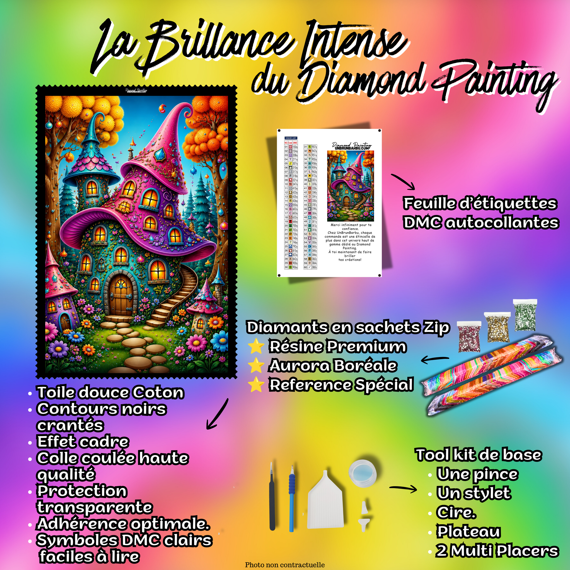Kit complet Diamond Painting Le Village des Lutins 60x80 cm avec toile coton, diamants Premium et accessoires