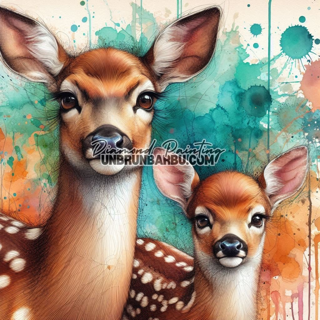 Douce Forêt, Maman Biche et Son Faon (60cm x 60cm) - UnBrunBarbu