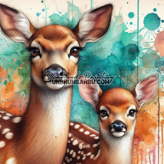 Douce Forêt, Maman Biche et Son Faon (60cm x 60cm) - UnBrunBarbu