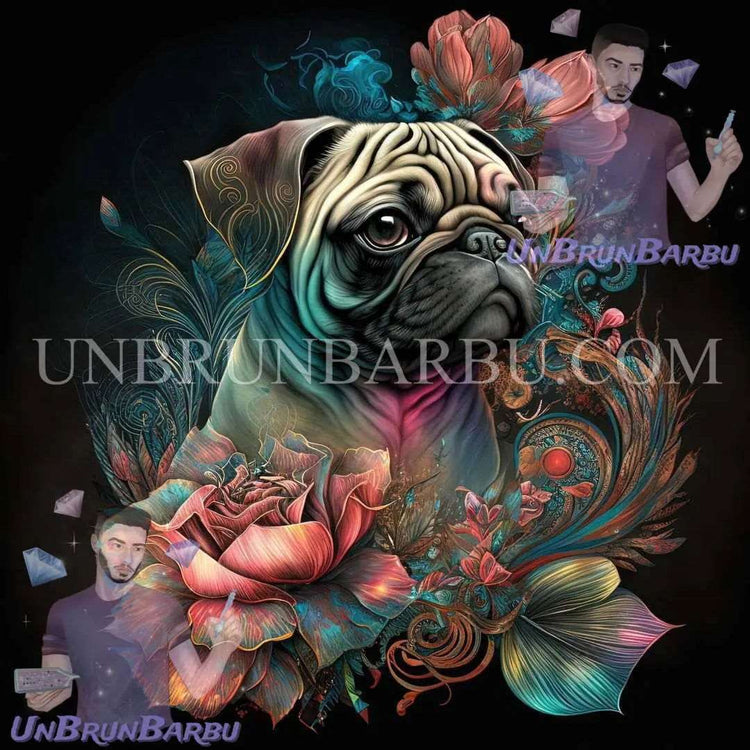 Éclat Floral : Joie Canine Bringée. (80cm x 80cm)