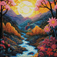 Éclats de Crépuscule, Rivière, Fleurs et Montagnes dans une Lumière Dorée. (80cm x 110cm). - UnBrunBarbu