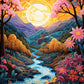 Éclats de Crépuscule, Rivière, Fleurs et Montagnes dans une Lumière Dorée. (80cm x 110cm). - UnBrunBarbu