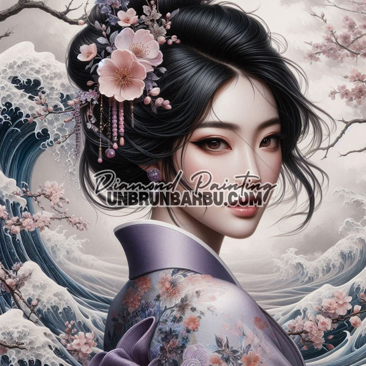 Élégance Asiatique au Cœur des Vagues (100cm x 100cm) - UnBrunBarbu