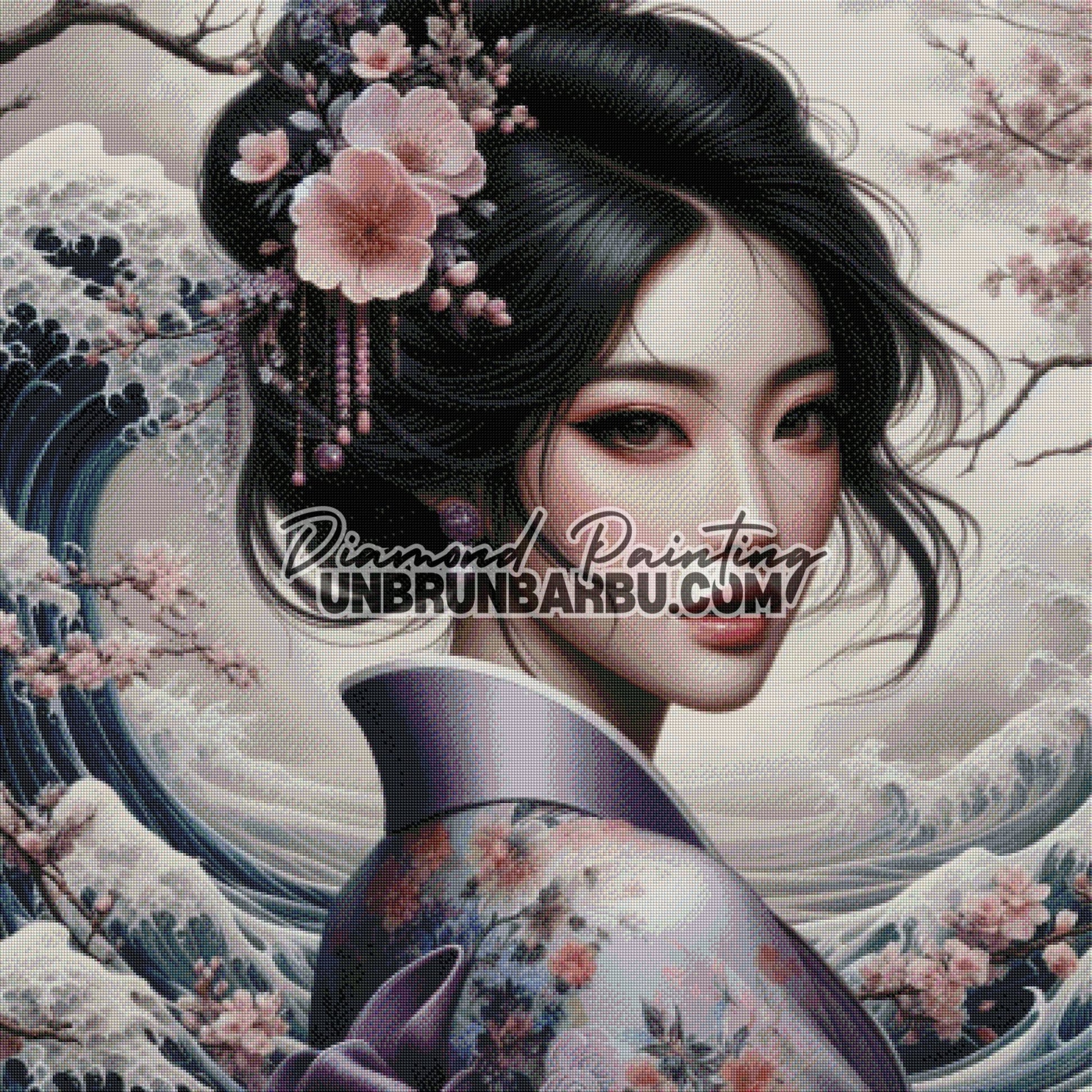 Élégance Asiatique au Cœur des Vagues (100cm x 100cm) - UnBrunBarbu