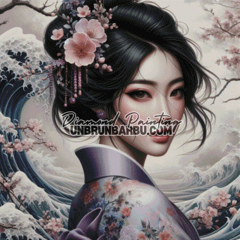 Élégance Asiatique au Cœur des Vagues (100cm x 100cm) - UnBrunBarbu