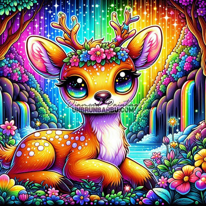 Faon Magique de la Cascade Arc - en - Ciel (80cm x 80cm) - UnBrunBarbu