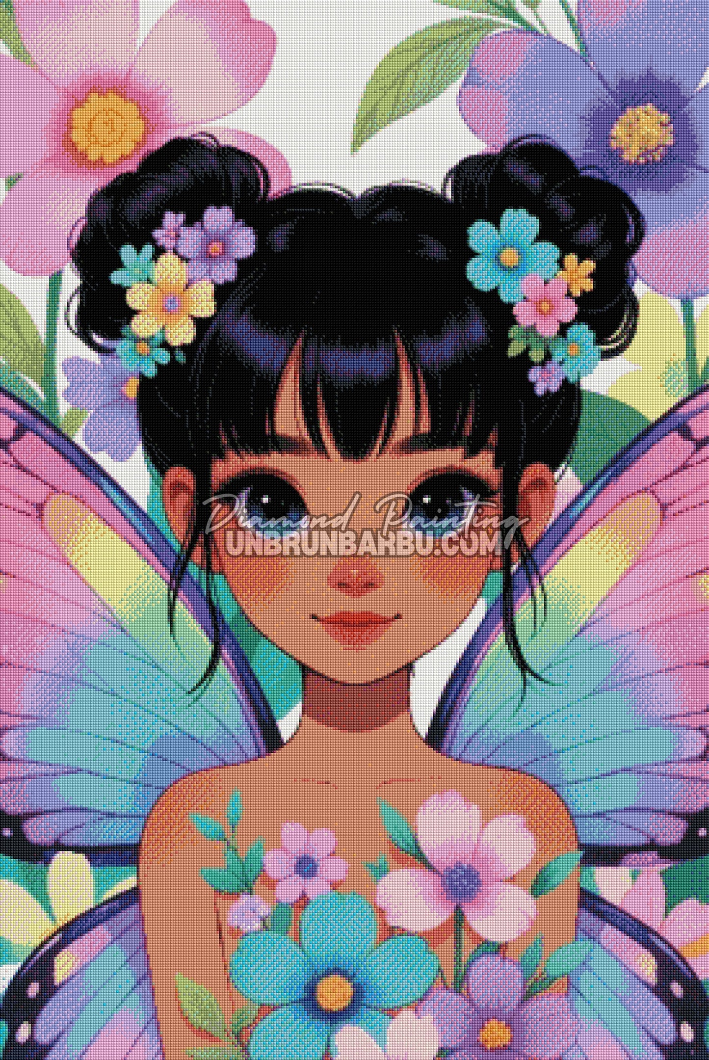 diamond painting fee papillon fleurs pastel rendu diamante 70x105
