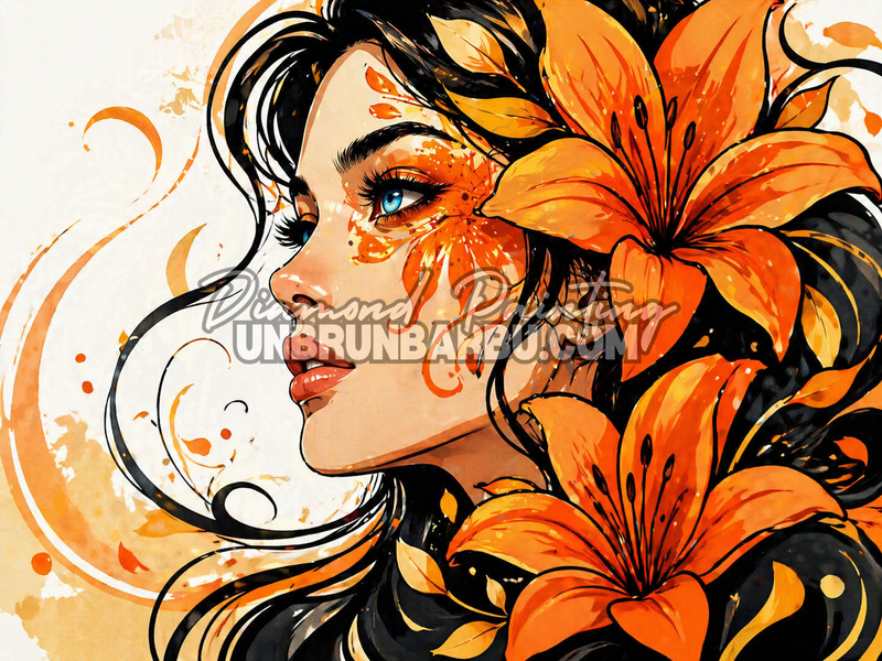 diamond painting femme florale lys orange illustration 100x75