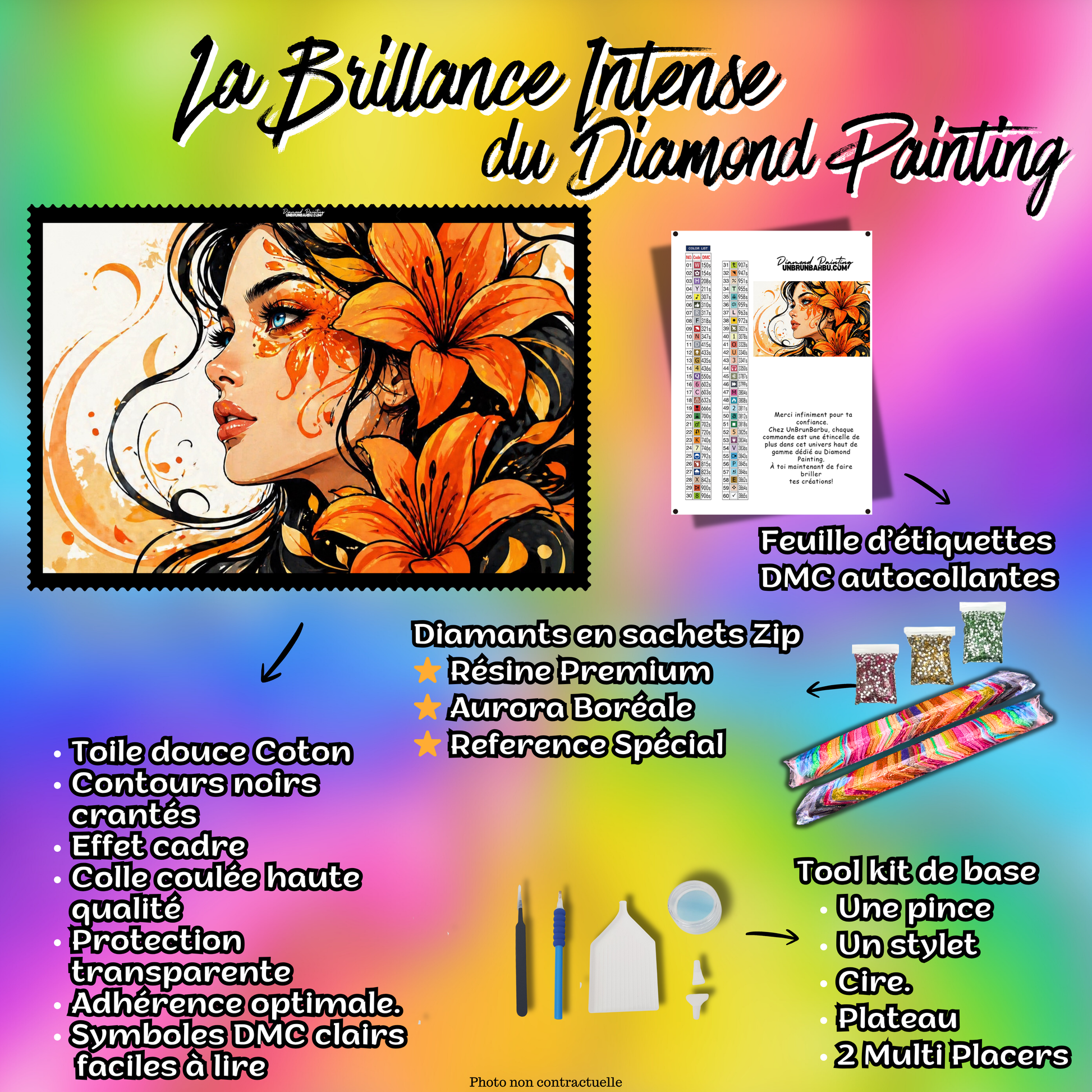 kit diamond painting femme florale lys orange 100x75 contenu complet