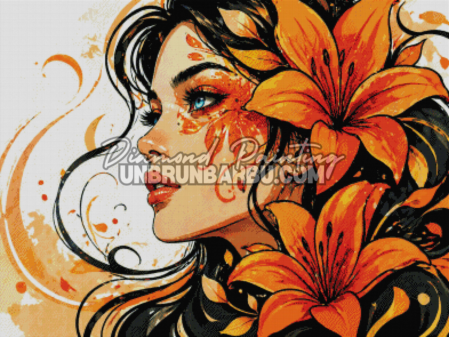 diamond painting femme florale lys orange rendu diamante 100x75