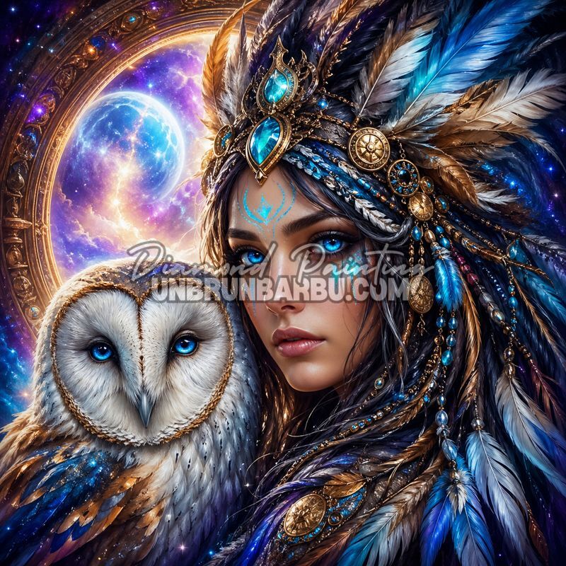 diamond painting femme chouette lumiere illustration 100x100
