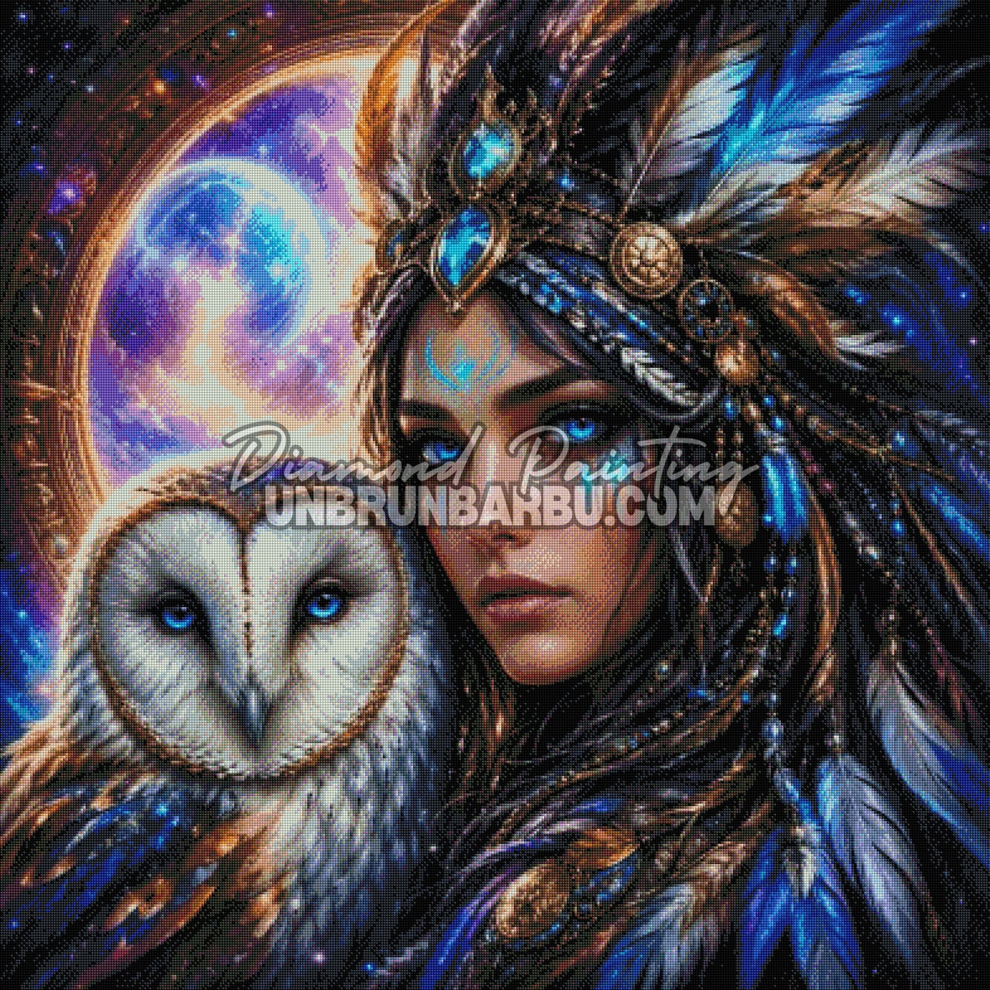 diamond painting femme chouette lumiere rendu diamante 100x100