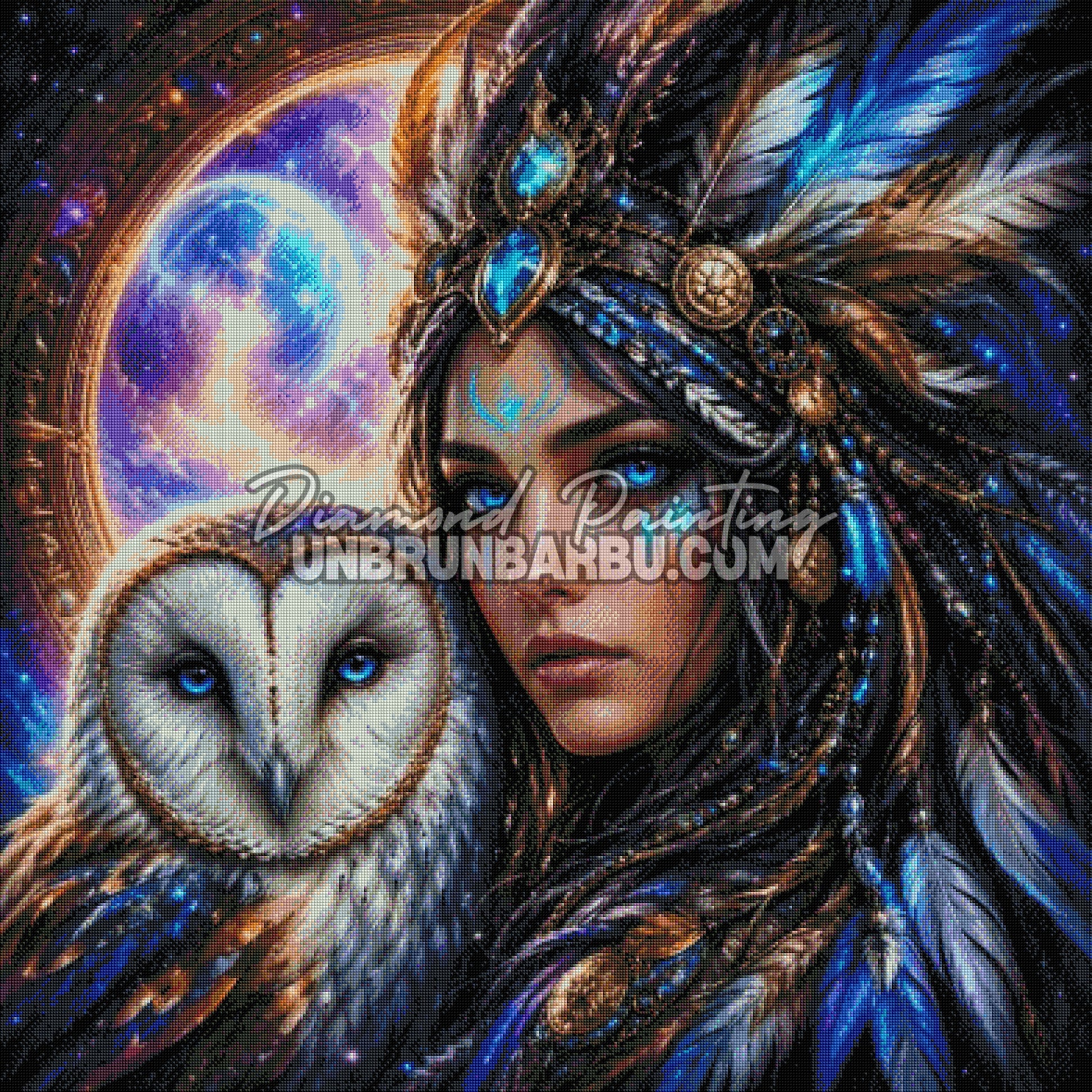 diamond painting femme chouette lumiere rendu diamante 100x100