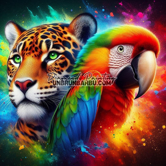 Fierté Sauvage – Le Jaguar et l’Ara (90cm x 90cm) - UnBrunBarbu