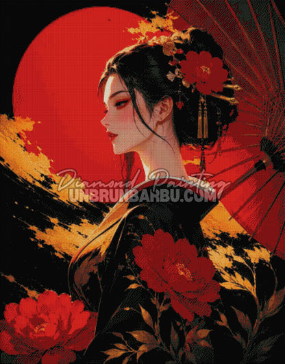 diamond painting geisha elegance sacree soleil rouge rendu diamante 90x115