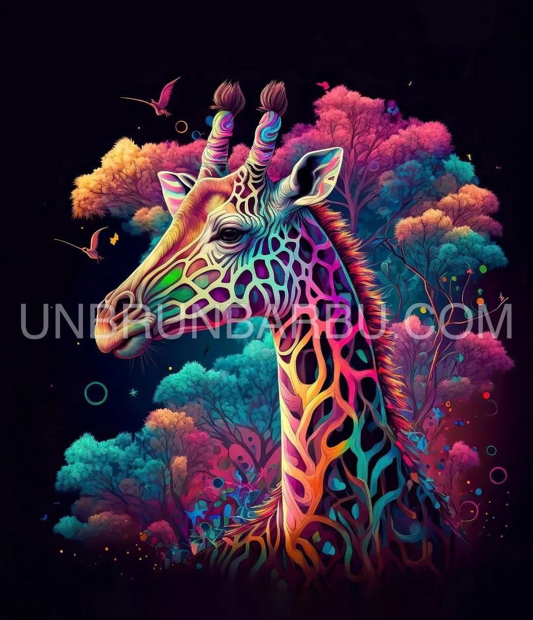 Girafe arc - en - ciel au milieu de la nuit. (80cm x 95cm). - UnBrunBarbu