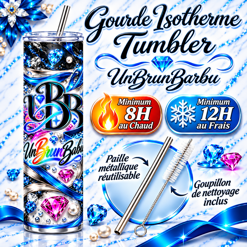 Tumbler isotherme UBB Éclat Bleu : maintien annoncé de 8 h au chaud et 12 h au frais, paille métallique réutilisable et goupillon inclus.