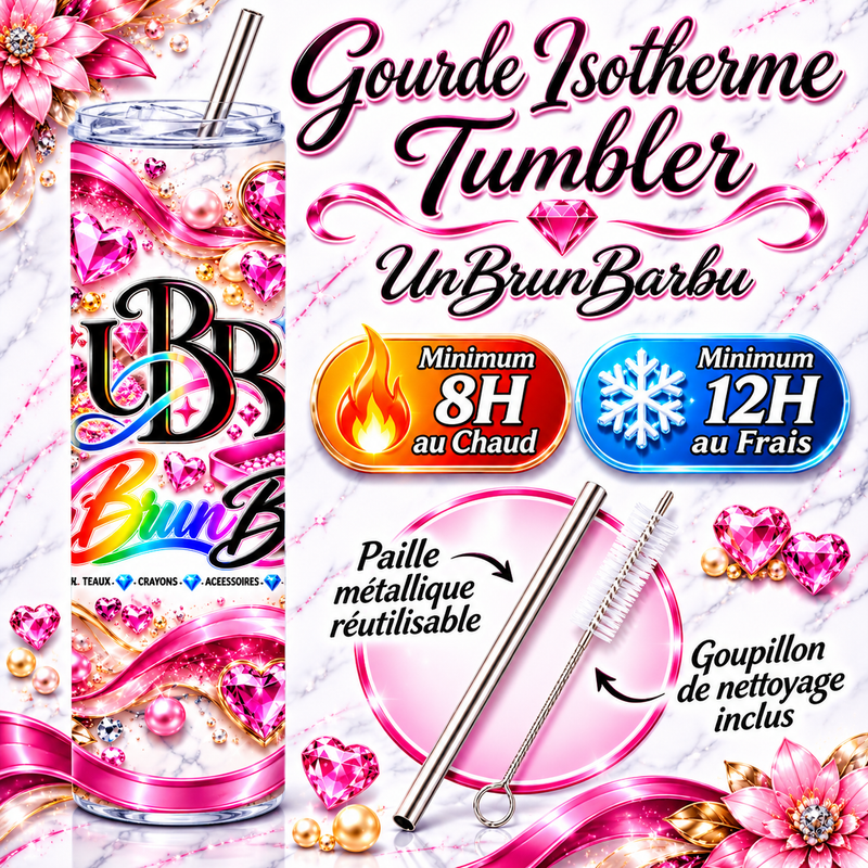 Tumbler isotherme UBB Éclat Rose : maintien annoncé de 8 h au chaud et 12 h au frais, paille métallique réutilisable et goupillon inclus.