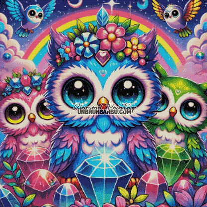 Hiboux Magiques et leurs Cristaux Enchantés (80cm x 80cm) - UnBrunBarbu