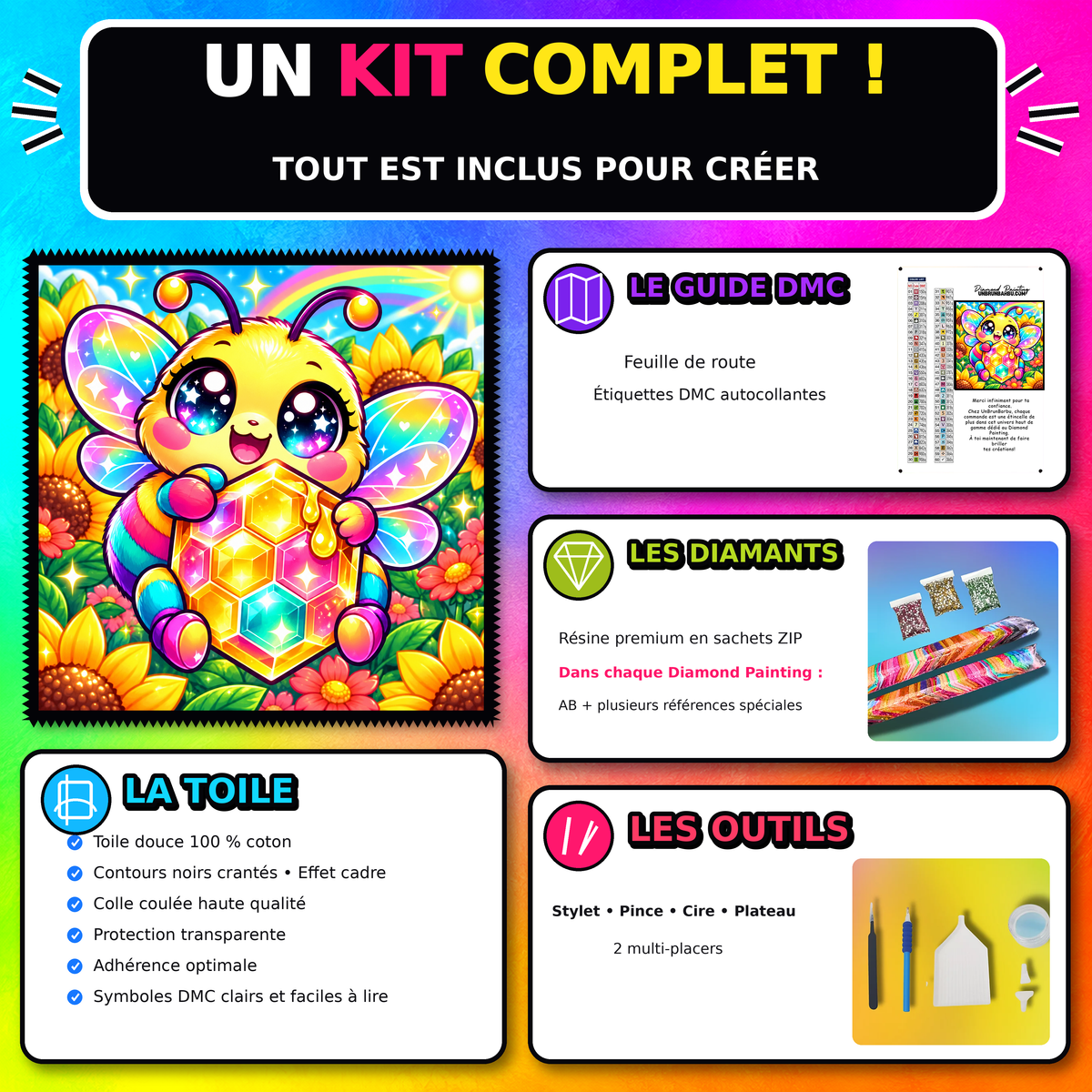 Kit Diamond Painting Abeille au Miel de Cristal 60x60 cm 100% Cristaux avec toile coton et accessoires