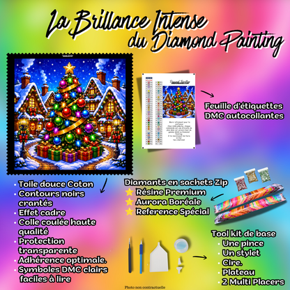 Kit complet Diamond Painting Au Cœur du Village de Noël 90x90 cm avec toile coton, diamants résine, AB et accessoires