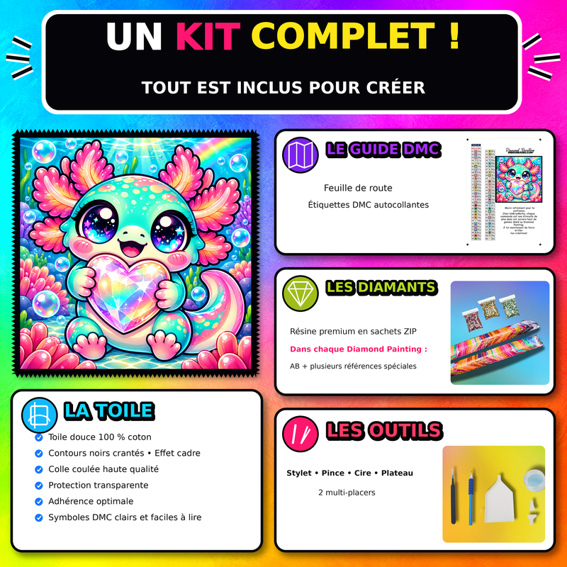 Kit Diamond Painting Axolotl au Coeur Precieux 60x60 cm 100% Cristaux avec toile coton et accessoires