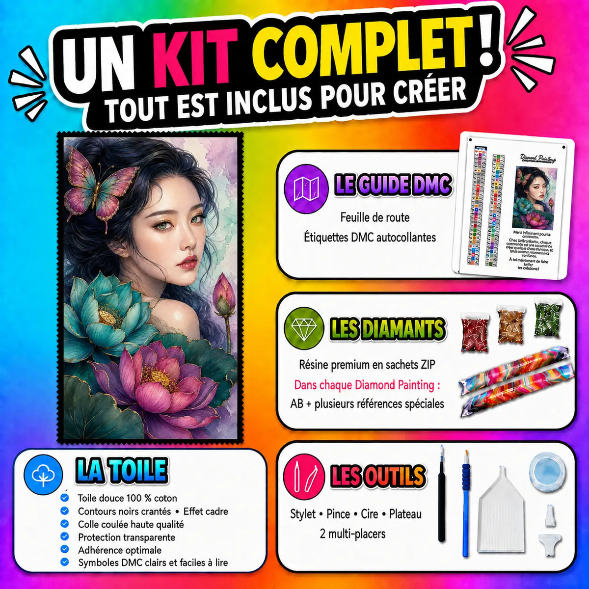 Kit Diamond Painting Beauté Lotus du Silence 60x105 cm avec toile coton, diamants résine, AB et accessoires