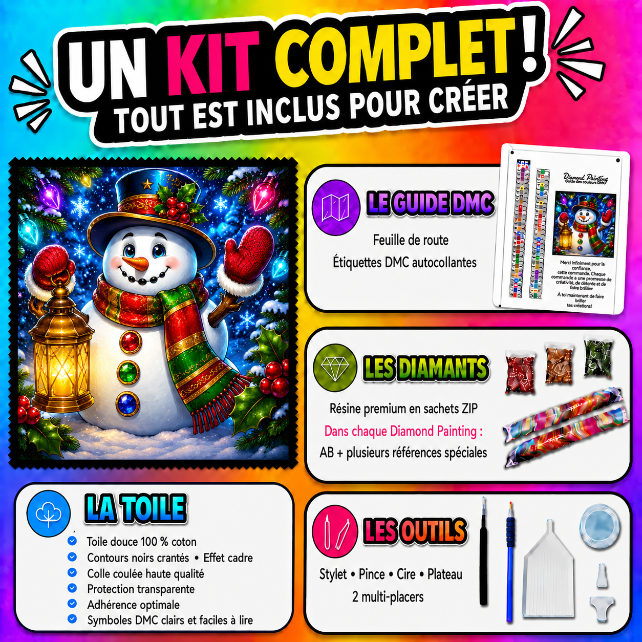 Kit complet Diamond Painting Bonhomme de Neige à la Lanterne 100x100 cm avec toile, diamants et accessoires