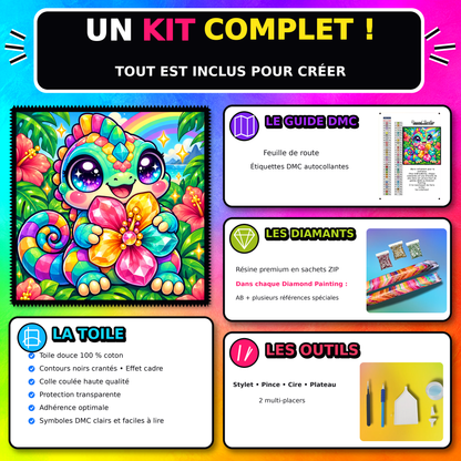 Kit Diamond Painting Cameleon a l Hibiscus de Cristal 60x60 cm 100% Cristaux avec toile coton et accessoires