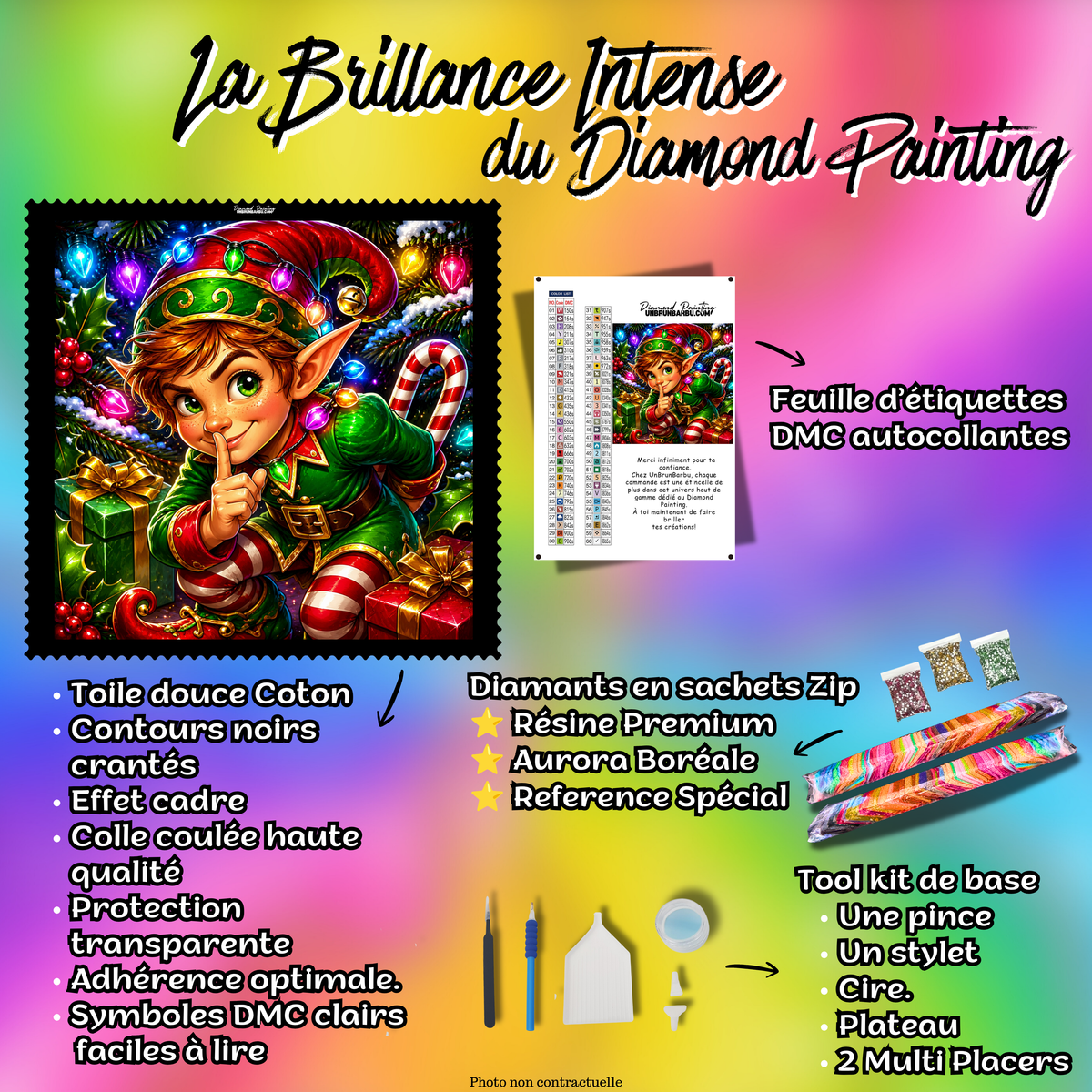 Kit complet Diamond Painting Chut le Lutin Arrive 110x110 cm avec toile coton, diamants résine, AB, spéciaux et accessoires