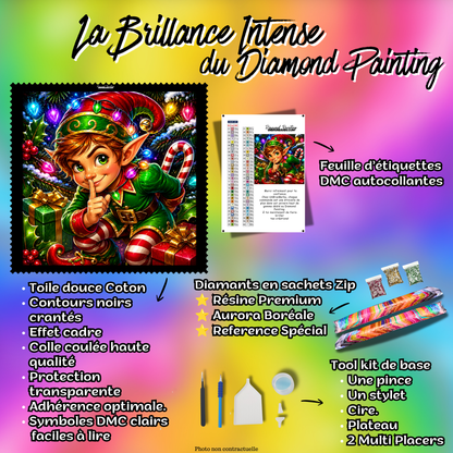 Kit complet Diamond Painting Chut le Lutin Arrive 110x110 cm avec toile coton, diamants résine, AB, spéciaux et accessoires