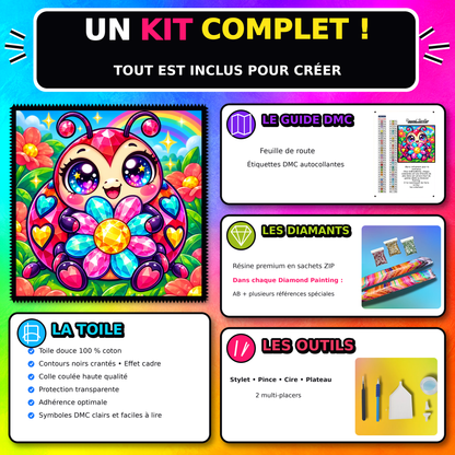 Kit Diamond Painting Coccinelle a la Fleur de Cristal 60x60 cm 100% Cristaux avec toile coton et accessoires