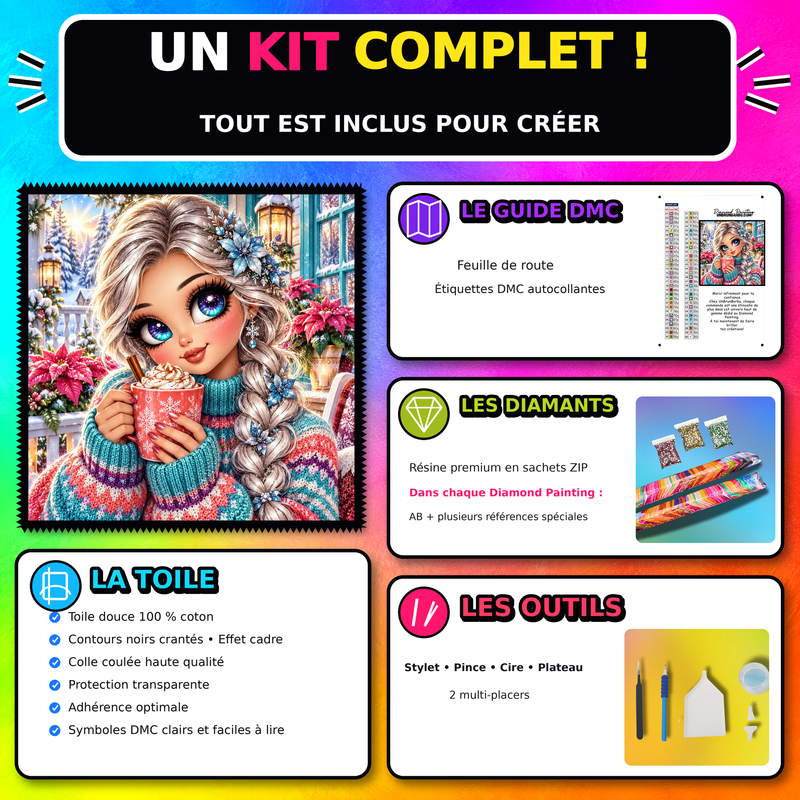 Kit Diamond Painting Demoiselle et Tasse des Jours d Hiver 100x100 cm avec toile coton, diamants resine, AB et accessoires