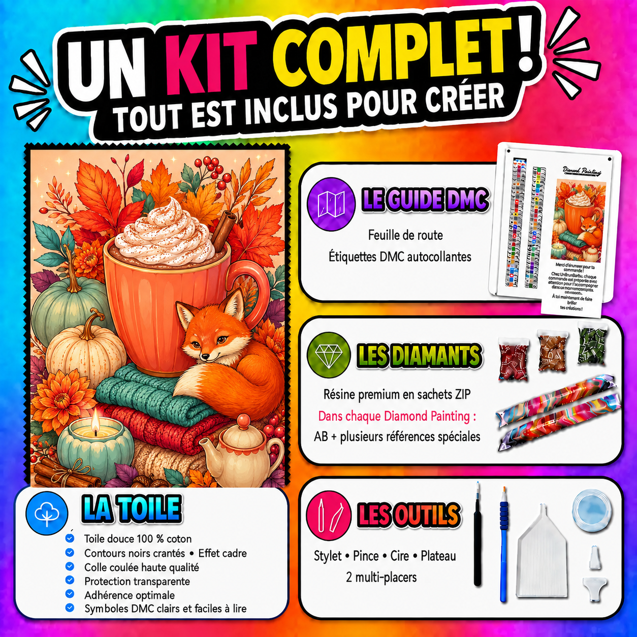 Kit Diamond Painting Douceur d’Automne 60x75 cm avec toile coton, diamants résine, AB et accessoires