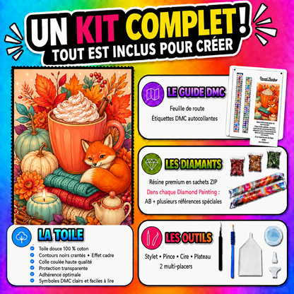 Kit Diamond Painting Douceur d’Automne 60x75 cm avec toile coton, diamants résine, AB et accessoires