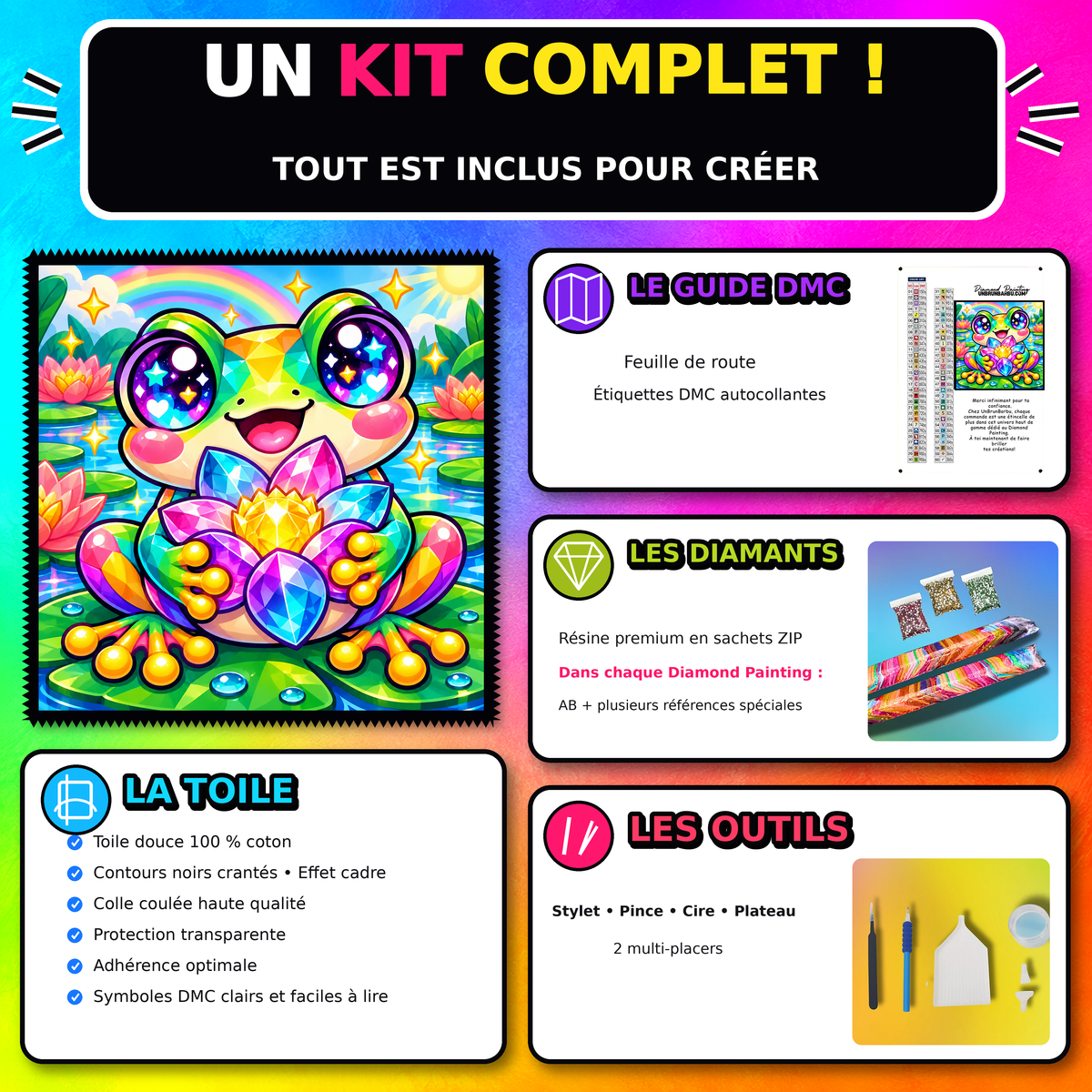 Kit Diamond Painting Grenouille au Lotus de Cristal 60x60 cm 100% Cristaux avec toile coton et accessoires