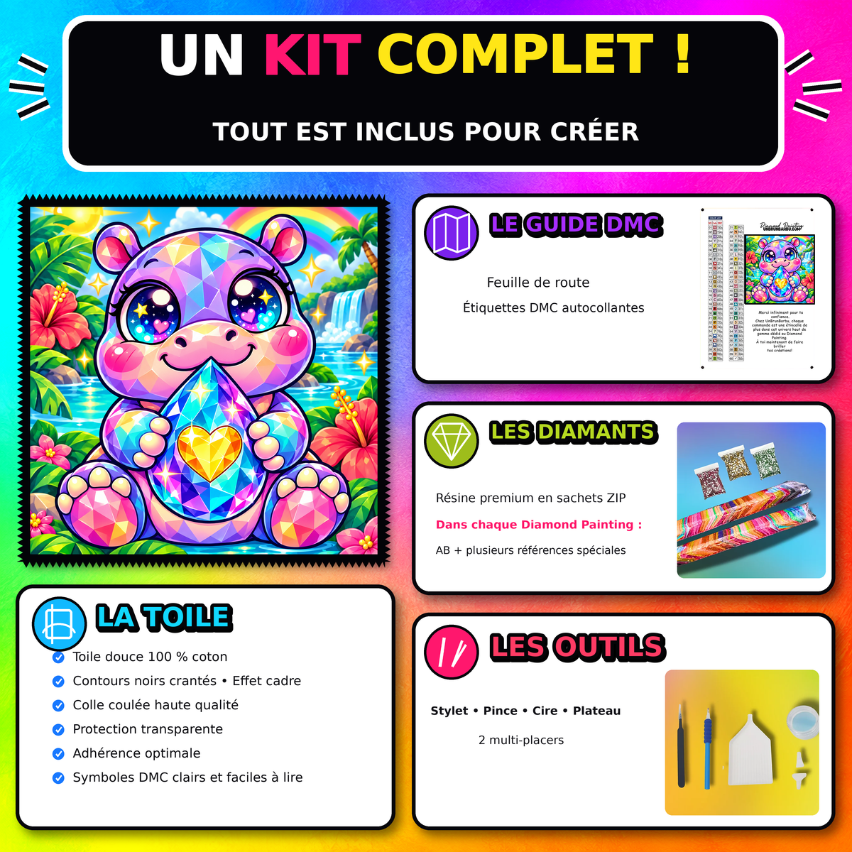 Kit Diamond Painting Hippopotame a la Goutte de Cristal 60x60 cm 100% Cristaux avec toile coton et accessoires
