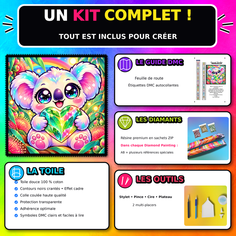 Kit Diamond Painting Koala au Coeur Precieux 60x60 cm 100% Cristaux avec toile coton et accessoires