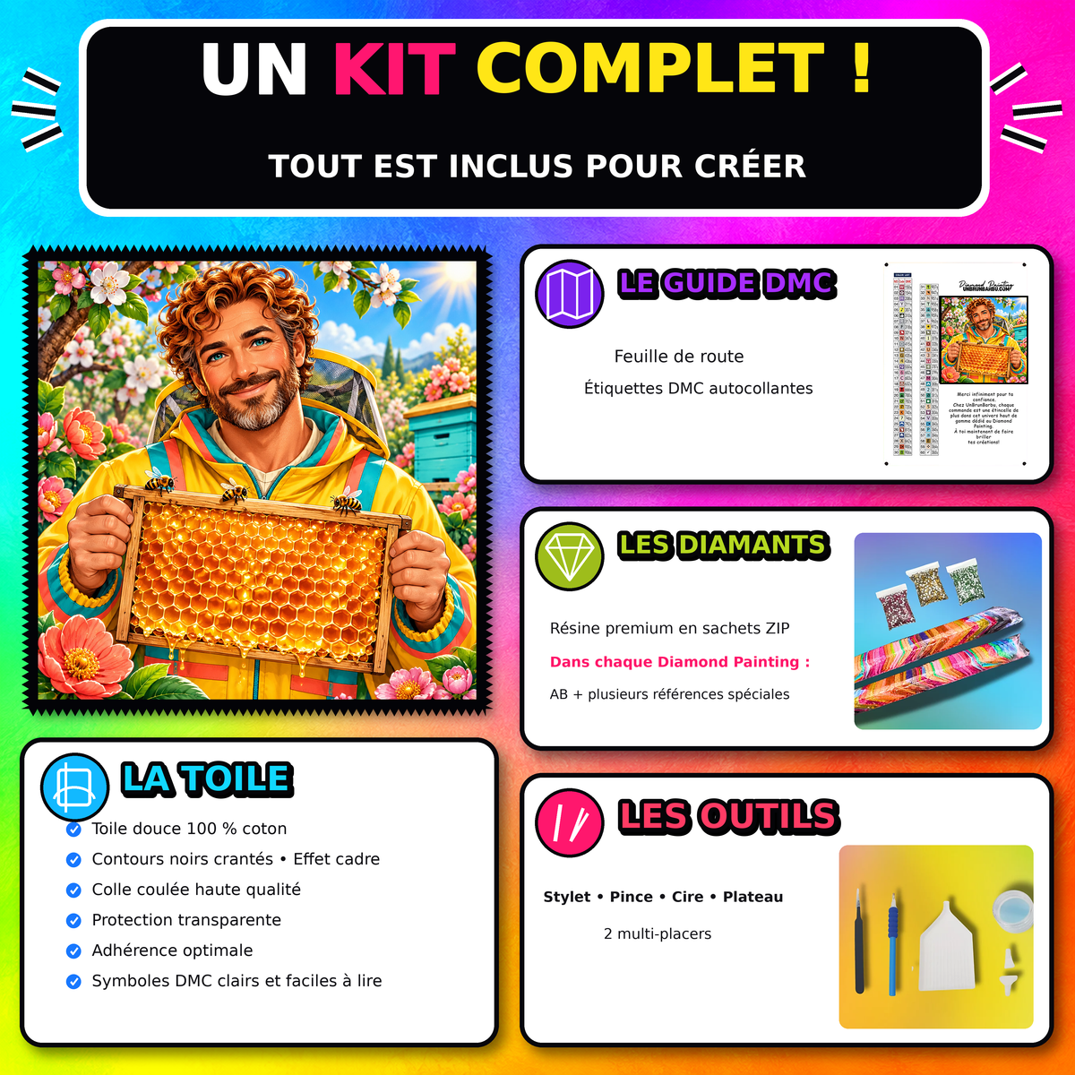 Kit Diamond Painting L Apiculteur au Miel d Or 110x110 cm avec toile coton, diamants resine, AB et accessoires