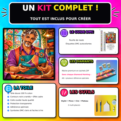 Kit Diamond Painting L Atelier du Cordonnier 110x110 cm avec toile coton, diamants resine, AB et accessoires